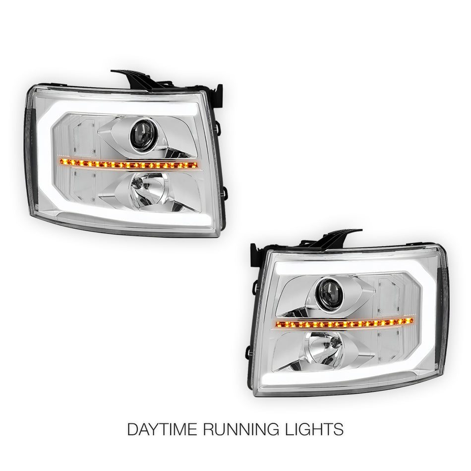 Chevrolet Silverado 2500 LS / LT / LTZ (2007 - 2014) LED DRL Bar + Sequential Signal Projector Headlights LH + RH