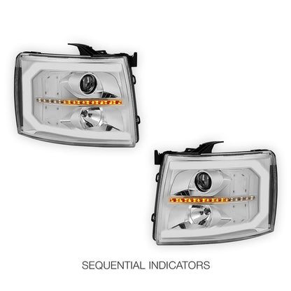 Chevrolet Silverado 2500 LS / LT / LTZ (2007 - 2014) LED DRL Bar + Sequential Signal Projector Headlights LH + RH