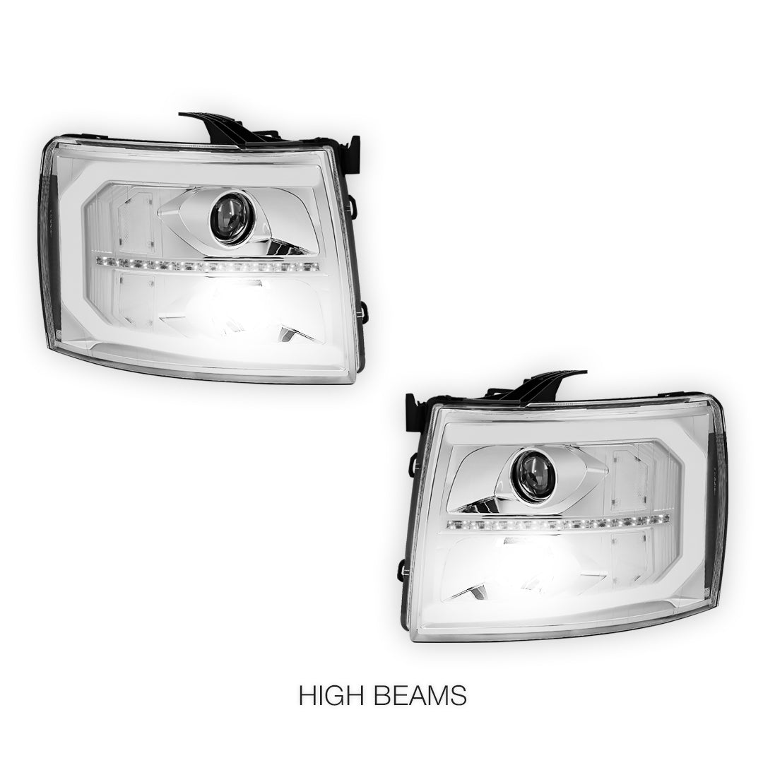 Chevrolet Silverado 2500 LS / LT / LTZ (2007 - 2014) LED DRL Bar + Sequential Signal Projector Headlights LH + RH